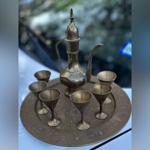 Persian Hand etched Bronze/Brass Sherry Decanter and Cups. Vintage/Antique